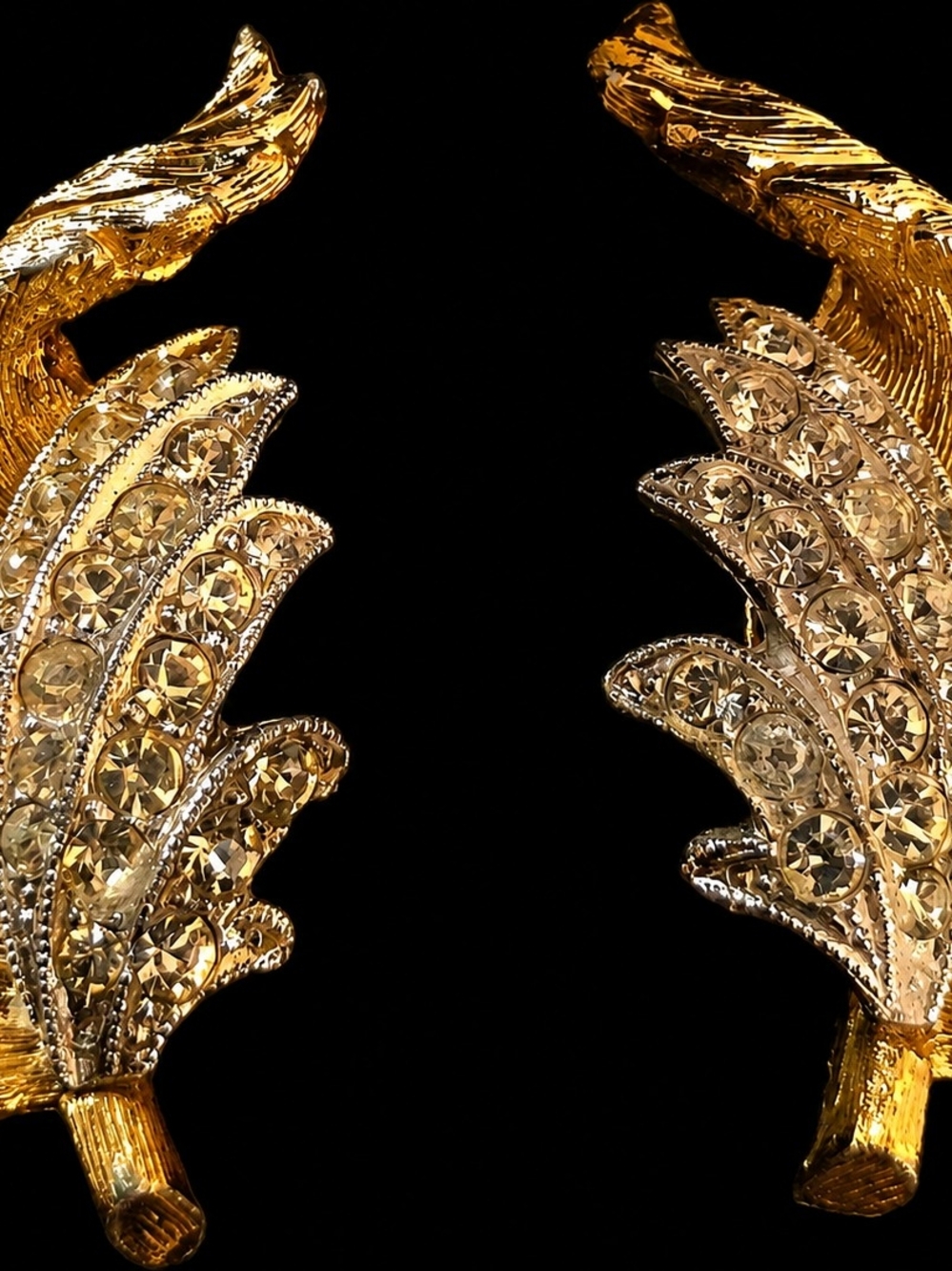 Vintage Signed CORO Gold Tone Rhinestone Leaf Earrings
